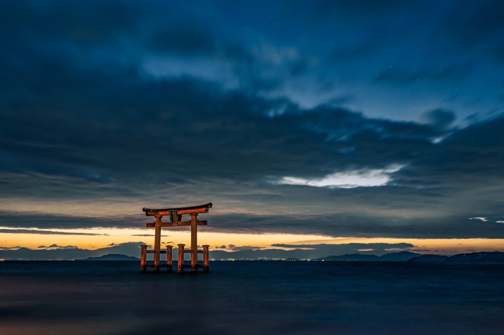 torii, lake, twilight